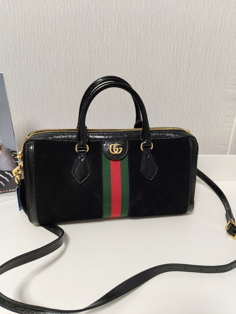 Gucci Black Velvet Top Handle Satchel with Green-Red Stripe